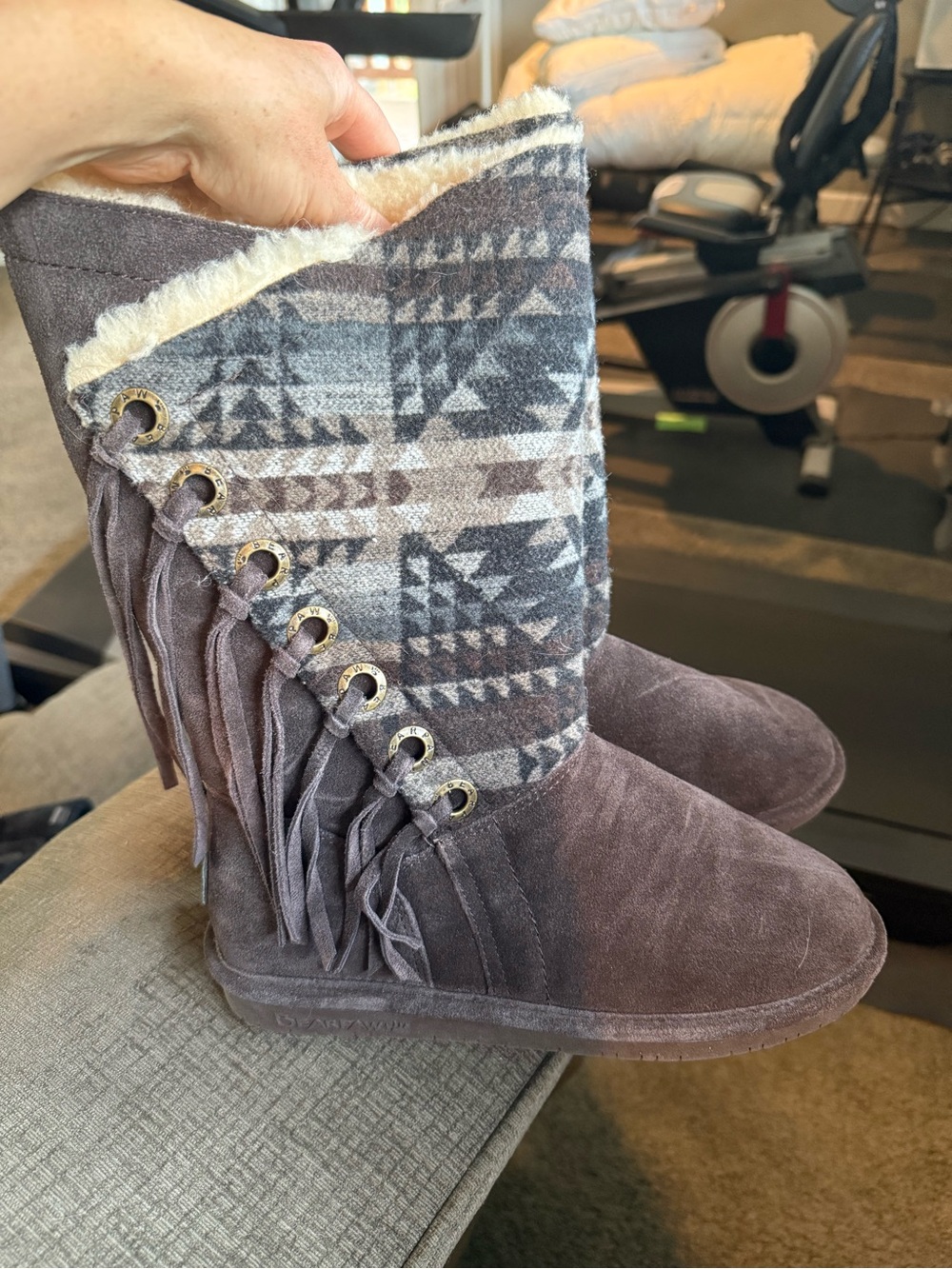 BearPaw Brown Suede Fringe Knit-Cuff Women's Western Cozy Boots